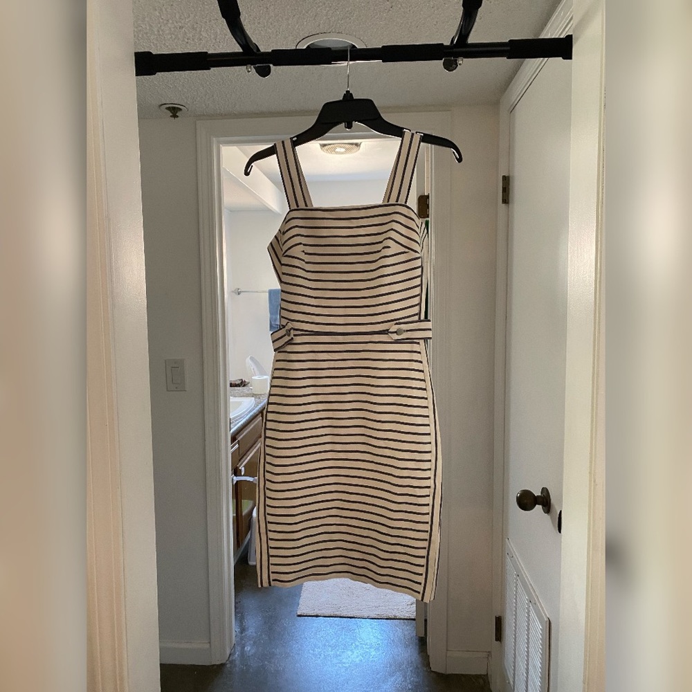 White dress with navy stripes